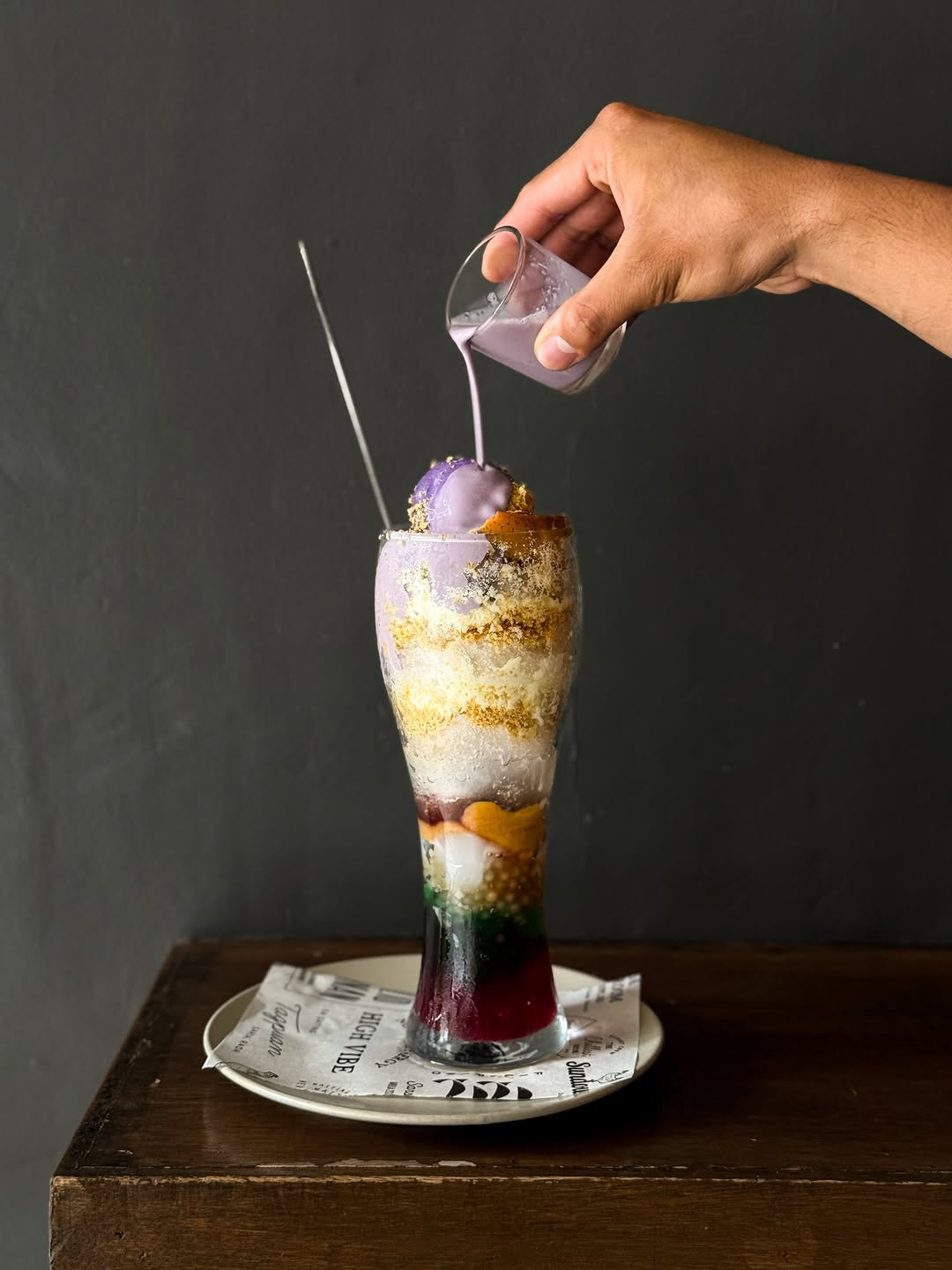 Sarsa halo-halo — ube cream poured over shaved ice